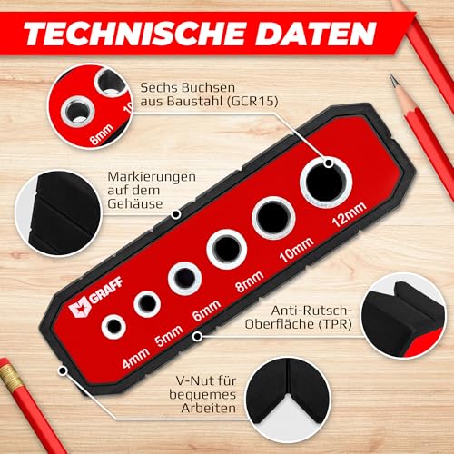 Drilling Aid and Drilling Gauge with 6 Socket Sizes - Drilling Guide Drilling Template for Right Angle and Precise Drilling on Surfaces GRAFF