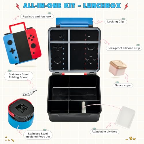 Game Lunch Box for Kids with Thermo, 9 OZ Stainless Food Jar & Insulated Lunch Bag, BPA-Free Kids Lunch Bento Box with Sauce Cup, Leakproof Lunch Box Set for Boys & Girs, School, Travel