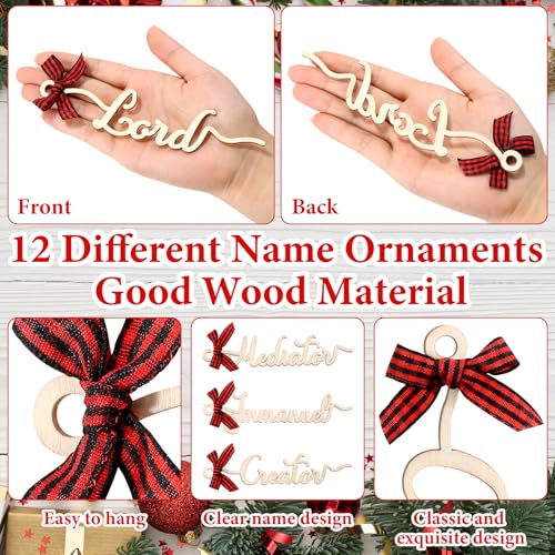 24 Pcs Names of Jesus Christ Ornament Wood Religious Decorations Farmhouse Christ Hanging Decoration with Savior Names Red Plaid Bow Rope for Church Decor