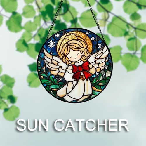 Stained Glass Window Hanging Jesus Cute Angel 6.3" - White Angel Suncatcher Door Garden Sun Catcher Home Decor Birthday Christmas for Mom Men Woman Nana Friend Girl 6.3x6.3 IN
