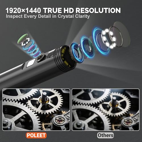 POLEET dual-lens endoscope camera with light, 1920P HD borescope inspection camera display