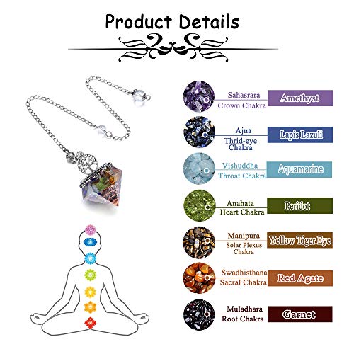 7 Chakra Crystal Dowsing Pendulum Reiki Life Tree 6 Faceted Pointed Pendulum Scrying Dowser for Divination, Meditation, Wicca 7 Chakra