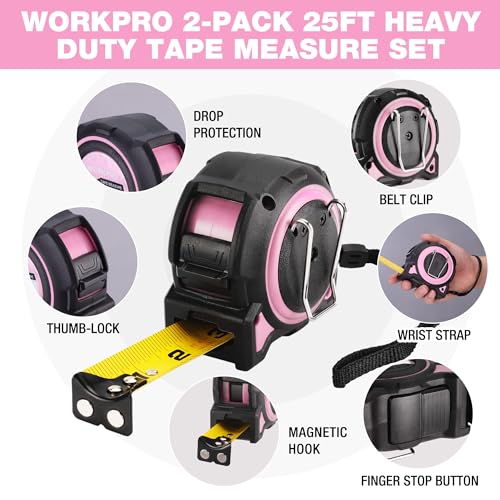 WORKPRO pink 25-foot heavy-duty tape measure with clear measurement markings