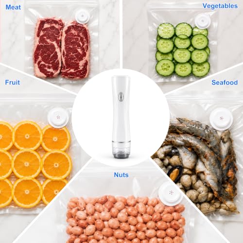 Handheld Vacuum Sealer for Food with 12 Reusable Bags – 3 Sizes Included, Powerful Portable Sealer Machine, Dry/Moist Modes, One-Hand Lock, Meal Saver for Meat, Snacks & Sous Vide. Vacuum Sealer + 12 Bags white