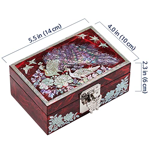 MADDesign Mother of Pearl Ring Earring Jewelry Box Peacock Design Red
