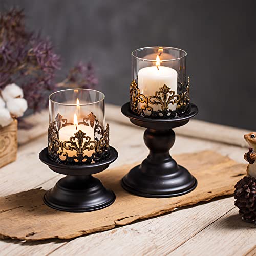 Sziqiqi Black Pillar Candle Holders, with Hurricane Glass, 2 Sizes Set S + L