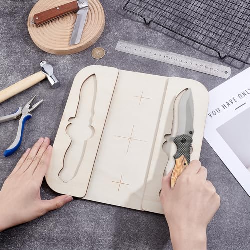 BENECREAT 25.4x25.4cm/ 10x10 Inch Square Laser Engraving Jig for Pocket Knife, Precision Wood Fixture with 53x215mm/ 2x8.46inch Inner Space, Multi-Knife Holder for Display and Engraving