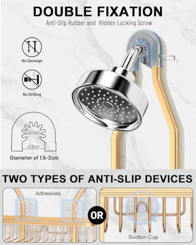 Shower Caddy Hanging - Never Rust Shower Hanging Organizer - Aluminum Over the ShowerHead Caddy with Soap Basket and 6 Razor/Sponge Hooks (Gold) Gold