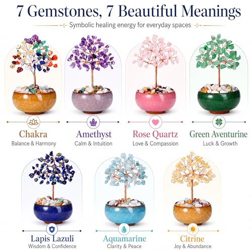 CrystalTears Chakra Crystal Tree of Life, 7 Chakra Gemstone Money Tree with Ceramic Bowl, Healing Crystal Energy Crystal Tree for Home Office Desk Decor, Spiritual Birthday Gifts for Women Men