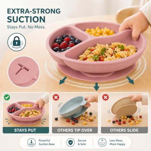 Silicone Baby Feeding Set, 14PCS, Baby plates and bowls Set - Silicone Bibs Pink