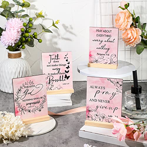 Yulejo 4 Pcs Pink Inspirational Desk Decor Christian Gifts for Women Motivational Office Desk Accessories Decor Sign Bible Verse Wood Block Plaque Positive Centerpiece for Mother Girls Faith Gifts