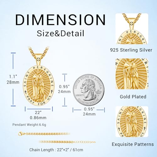 St Peregrine Medal Necklace for Men Women, 925 Sterling Silver St Peregrine Patron Saint Medal Cancer Pendant Amulet Religious Jewelry Gifts Gold St Peregrine-KJ