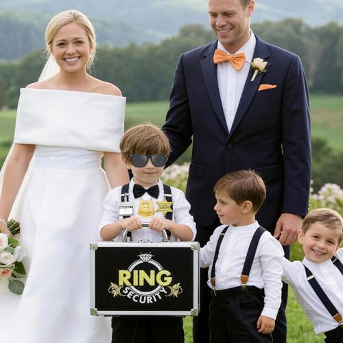 Ring Security Wedding Ring Bearer Aluminum Briefcase-Padded Slits Holder Ring Bearer Gifts Security Box for Proposal Ceremony Wedding Day,Security Badge Props for Boys Kids Black Silver