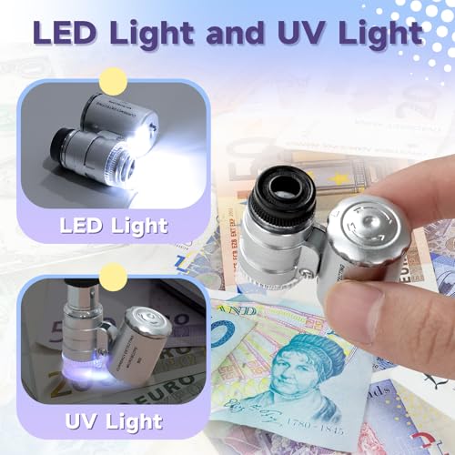 Jeweler's Magnifying Glass 60X with Light Mini Microscope, Pocket Microscope Gemstone Magnifier | Magnifying glass with LED/UV for close work, jewelry, coins, stamps, light trichome magnifying glass, mobile phone microscope