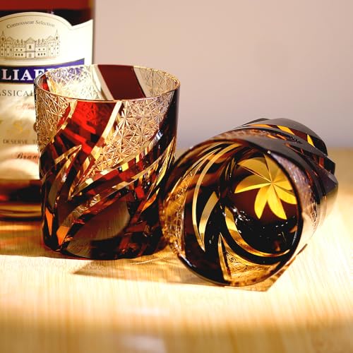 JINZHI Hand-Cut Japanese Edo Kiriko Whisky Glass - Artisanal Colored Crystal Craft Cocktail Glass for Bourbon, Scotch, Old Fashioned - Luxury Barware Gift