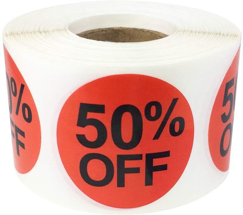 50% Percent Off Stickers for Retail 1.5 Inch 500 Adhesive Labels 50% Off