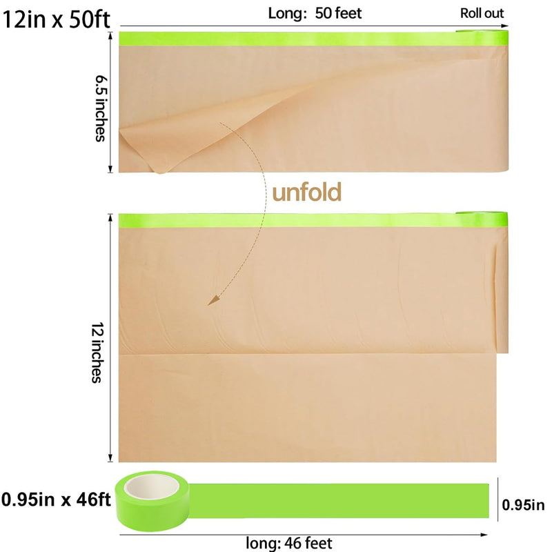 Pre-Taped Masking Paper with Dispenser - 12" x 50' Painters Paper and Tape for Painting House, Furniture, Cars Auto Body (1 Dsp 1Tape 2 Refills: 12" x50') 1 Dsp 1Tape 2 Refills: 12"x50'