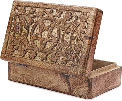 Ajuny Wooden Jewelry Box Moon Star Carved Keepsake Chest 8x5 Inch Case