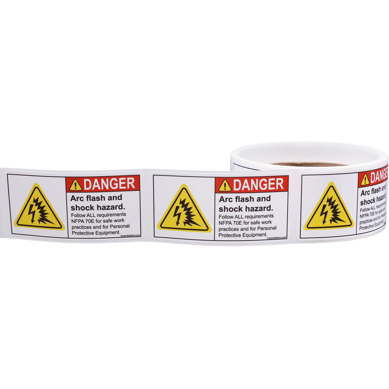 Arc Flash and Shock Hazard ANSI Danger Labels, NFPA 70E Warning Stickers - 1.5 x 3 Inch Safety Labels for Factories & Warehouses, Semi-Gloss Paper with Permanent Adhesive, 100 per Roll