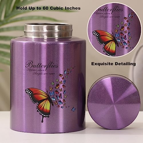 Medium Urns for Human Ashes Up to 60 Cubic Inches Medium Sized Urns for Ashes Adult Male Female Keepsake Cremation Urns for Ashes Stainless Steel (Butterflies, Purple) Butterflies