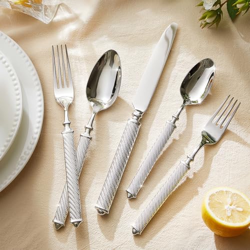 KINGSTONE 5-piece silverware serving set with stainless steel flatware, includes knives, forks, and spoons in a sleek design.