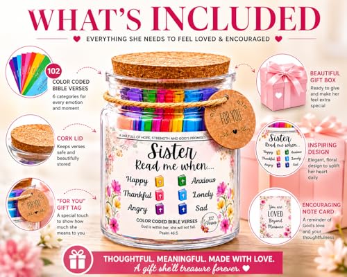 Read Me When Bible Verse Jar for Sister – Scripture Cards with Bible Verses, Christian Gifts for Women, Religious Gifts for Women, Prayer Cards, Bible Verse Jar