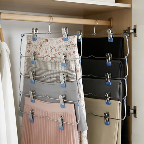 Skirt Pants Hangers with Clips,6Tier Skirt Hangers Space Saving,Metal Multi Pants Hangers and Storage Multi Clothes Shorts Hanger Organization,Space Saving Hangers with Clips (Blue, 4-Piece Set) Blue