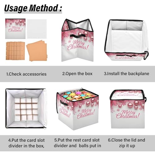 Merry Christmas Pink Christmas Ornament Storage Box with Dividers, Holds up to 64-3" Holiday Ornaments, Collapsible Xmas Decoration Container with Lid & Handles, 13x13 Inch