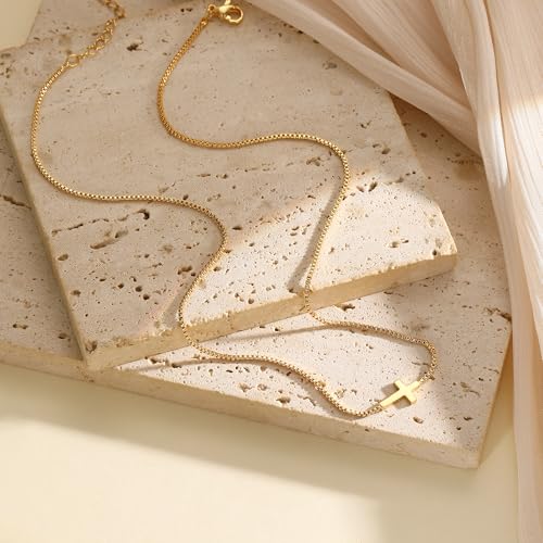 Rotnso Cross Necklace for Women 14K Gold Plated Dainty Small Pendant Choker Box Chain Sideways Cross-GD