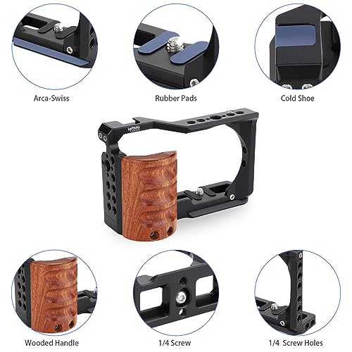 Leftfoto Upgrade Metal Cage with Wood Handle for Sony Alpha ZV-E10 Video Shooting Accessories, Cold Shoe Mic/Light Extension Video Cage Filming Vlog Camera Kit