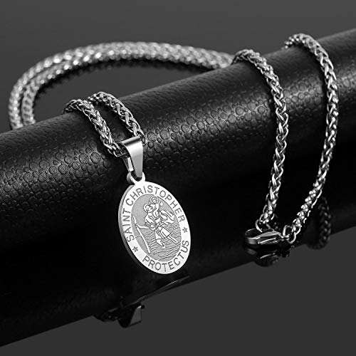 RS Saint St Michael/Christopher/Jude/Benedict/Joseph/Anthony Medal Necklace for Men Boys 24 In Religious gifts Silver saint christopher