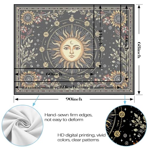 Lunerfex Celestial Sun Tapestry - Zodiac Wheel Wall Hanging for Bedroom and Living Room - Boho Spiritual Decor Tapestries 80"x60" 80"L x 60"W Light Yellow