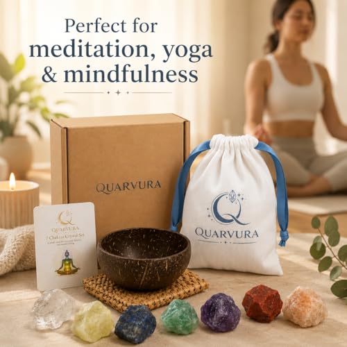 Natural Raw Healing Crystals and Chakra Stones for Reiki, Meditation and Energy Balancing,7 Chakra Crystal Set with Coconut Shell Bowl and Drawstring Pouch