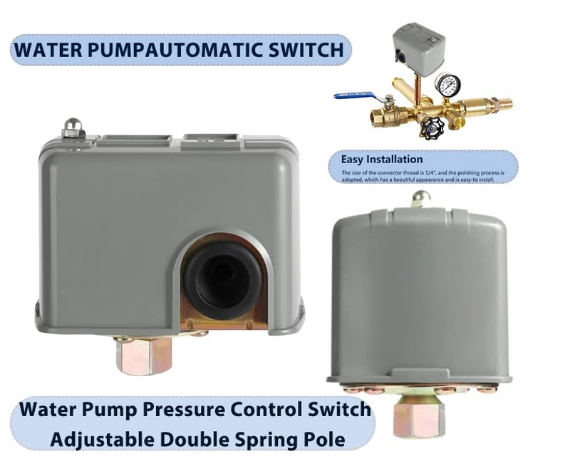 [Australia - AusPower] - YSD Pressure Switch for Well Pump, 40-60PSI, Adjustable Differential, 1/4" NPT, Automatic, Grey 