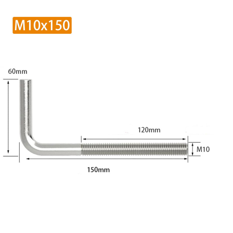 [Australia - AusPower] - (6 Pieces) 10x150mm L Shape Foundation Bolts 304 Stainless Steel Right Angle Anchor Bolt Long Square Bend Screw M10x150 