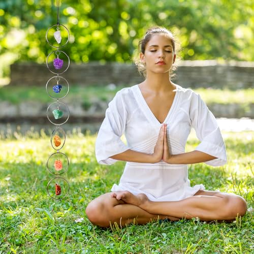 7 Chakra Wall Hanging Decor - Natural Raw Crystal Gemstone for Healing, Chakra Balancing, Meditation Gifts, Indoor Outdoor Spiritual Home Decoration (Silver Round) Silver Crystal Stone