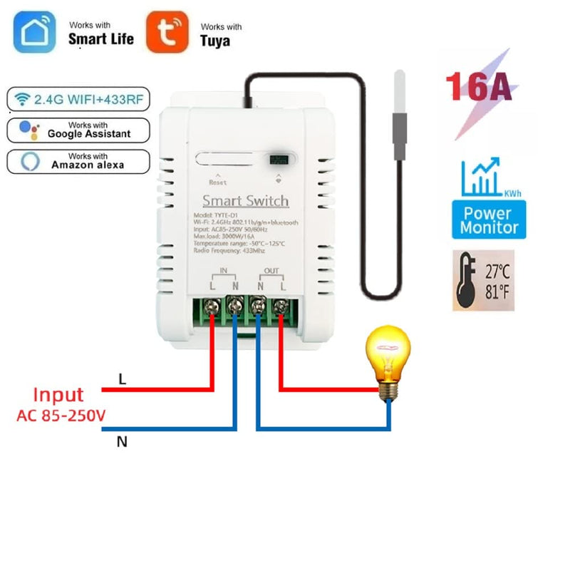 WiFi Temperature Controller Sensor Module, Tuya App Wireless Remote 16A Smart Switch with Power Meter, Works with Alexa Google 16A 1CH WIFI Switch