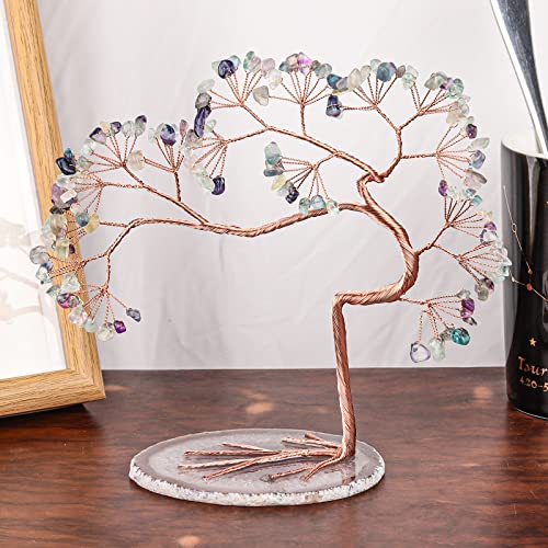 rockcloud Handmade Fluorite Crystal Money Tree with Agate Slice Base Rainbow