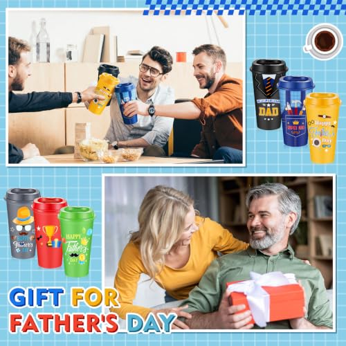 Chuangdi 12 Pcs Fathers Day Dad Gifts Coffee Mugs Bulk Set, 16 oz Reusable Plastic Tumblers with Lids, Happy Fathers Day Party Supplies, Husband Dad Gifts from Daughter Son Wife, 6 Designs 2 Each Retro