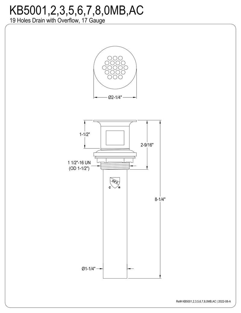 Kingston Brass KB5007 Grid Drain with Overflow, Brushed Brass 8.25 x 2.25 x 2.25
