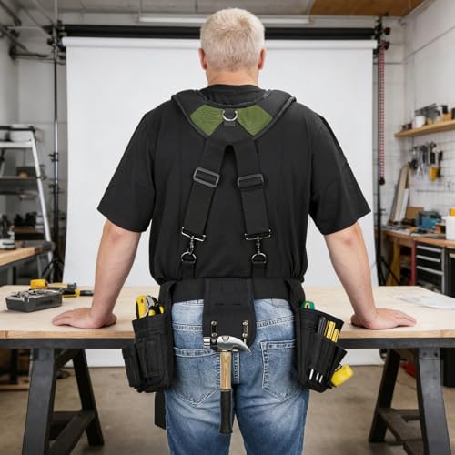 Lovligt green adjustable tool belt suspenders with tool holsters for men