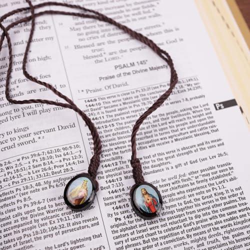 Needzo Wooden Scapular with Sacred Heart and Our Lady Grace Oval Panels, Religious Devotional Gifts, 19 Inches (Pack of 3)