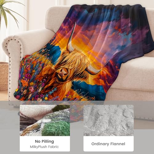 Highland Cow Flannel Throw Blanket 80x60 Inch, Cute Animal in Wildflower Field at Sunset, Vibrant Nature Art Style Blankets for Living Room, Bedroom, Sofa, Country Decor Gifts Throws 60"x80" Highland Cow01