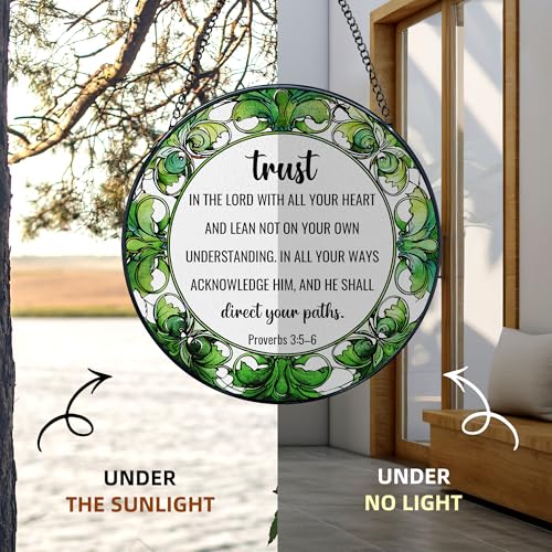 Christian Stained Glass Window Hanging, Bible Verse Suncatchers, Religious Scripture Proverbs 3:5-6 Sun Catchers Indoor Window Round Glass Wall Art Hanging Decorations, 7.9x7.9in Trust