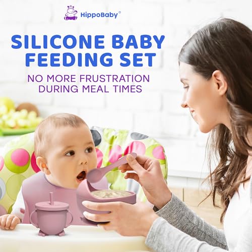HippoBaby Baby Led Weaning Supplies |10 Piece Silicone Baby Feeding Set, Baby Toddler Bib Cup Divided Plate and Bowl Self Feeding Spoons Dish Set | Baby Utensils,Toddler Feeding Supplies (Rose Quartz) Rose Quartz