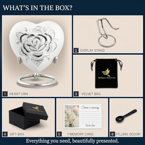 Small Urns for Ashes for Women - Rose Keepsake Urn with Stand, Gift Box & Velvet Bag - Mini Memorial Heart urn for Loved Ones, Baby, Women & Men (Pearl White, Small) Pearl White