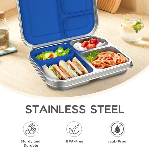 BOSEDSANG Stainless Steel Kids Leak-Resistant Bento Lunch Box, 3-Compartments with Silicone Container, Dishwasher-Safe, Child-Friendly Design for School, Picnics & Travel,BPA-Free (Blue) Blue