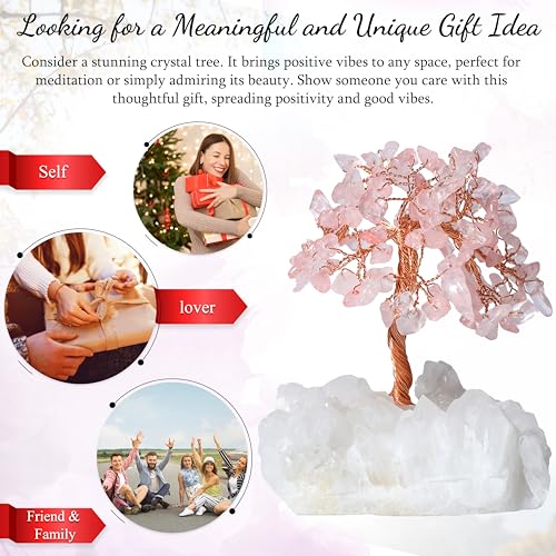 Crocon Rose Quartz Crystal Tree with White Aura Base Tree of Life Décor Bf Rose Quartz + White Aura Base