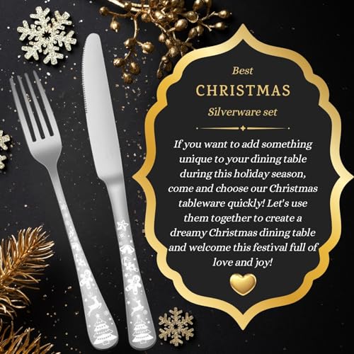 Vilihkc 20-Piece Christmas Style Silverware Set,Stainless Steel Flatware Set, Kitchen Utensil Set Service for 4,Tableware Cutlery Set for Home and Restaurant,Dishwasher Safe Silver