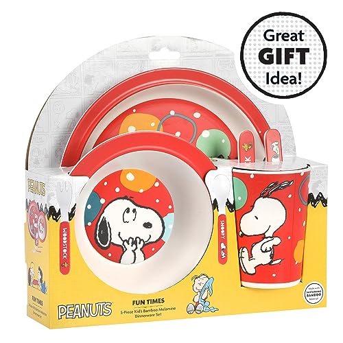Peanuts Snoopy Fun Times 5-Piece Bamboo Melamine Dinnerware Set For Kids - Red 5-Piece Set